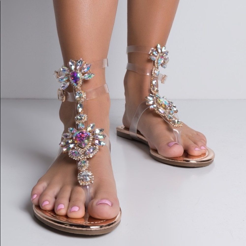 Rosegold Clear strap gemstone sandals